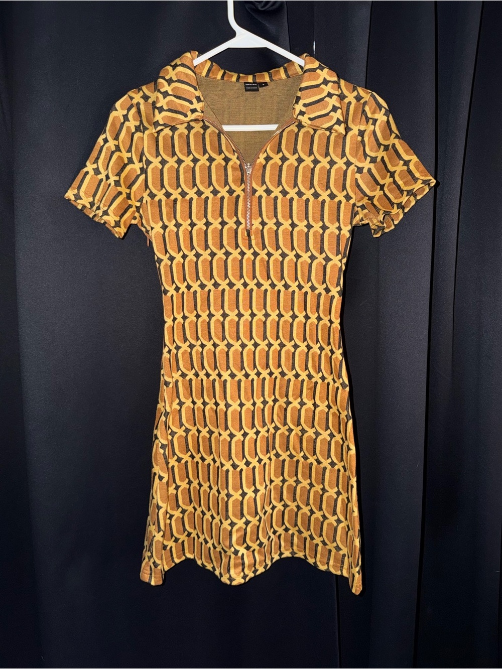 SHEIN Brown and Yellow Retro Geometric Zip Polo Midi Dress